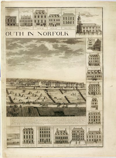 Die Westansicht der Stadt Great Yarmouth in Norfolk, graviert von John Harris (fl.1686-1740) von J. Corbridge